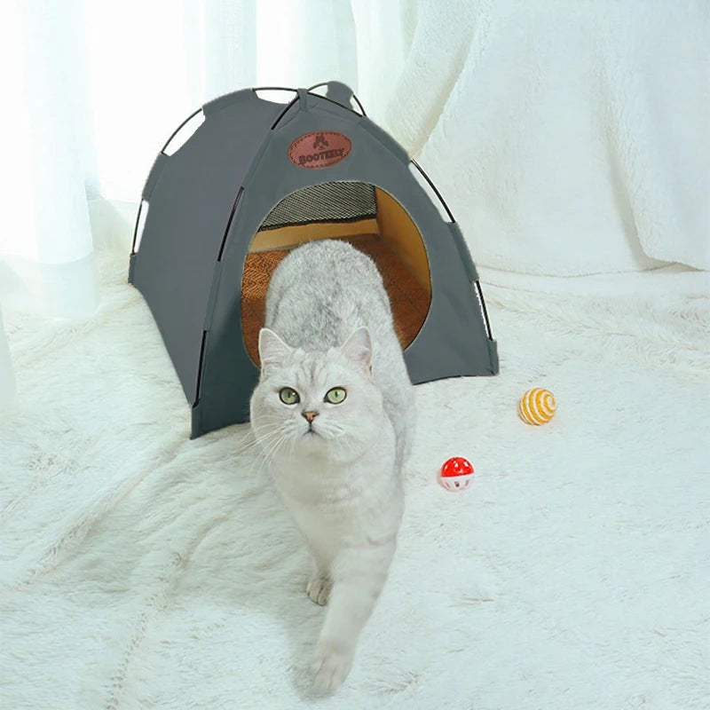 A fluffy gray cat is looking out of a dark gray foldable outdoor cat tent on a white, furry surface.