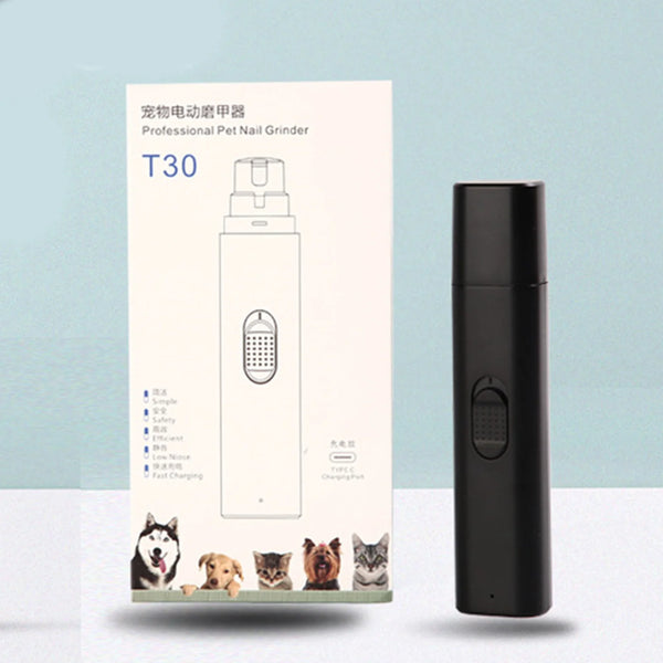 A black professional pet nail grinder T30 device shown next to its packaging box.