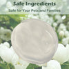 A clear, oval gel product labeled Safe Ingredients for pets and families, shown against a background of white flowers.