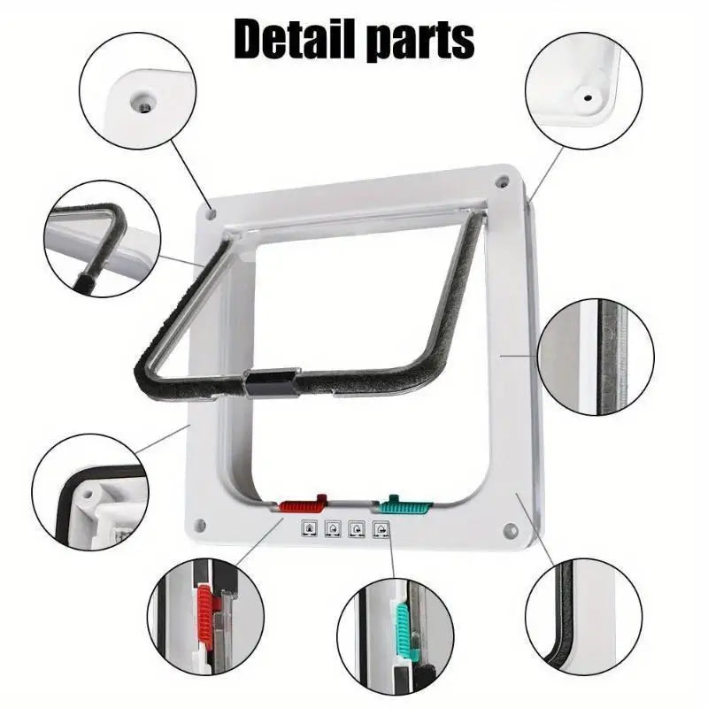 Detail parts of a two-way pet door with safety flap, showing various components like the frame and latch.