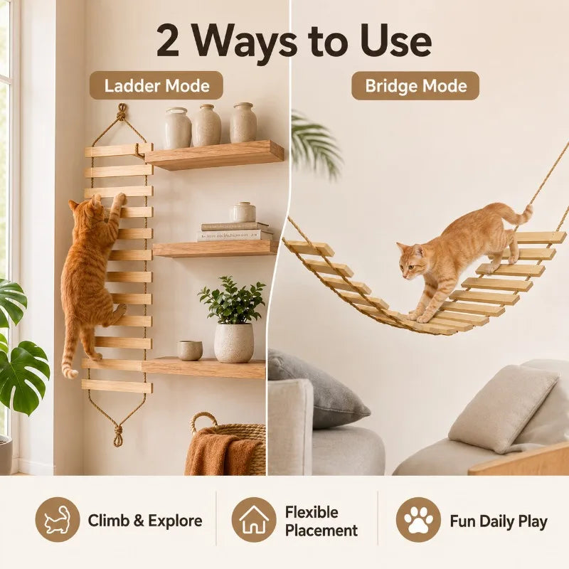 Natural wood cat climbing ladder and flexible hanging bridge used for daily play