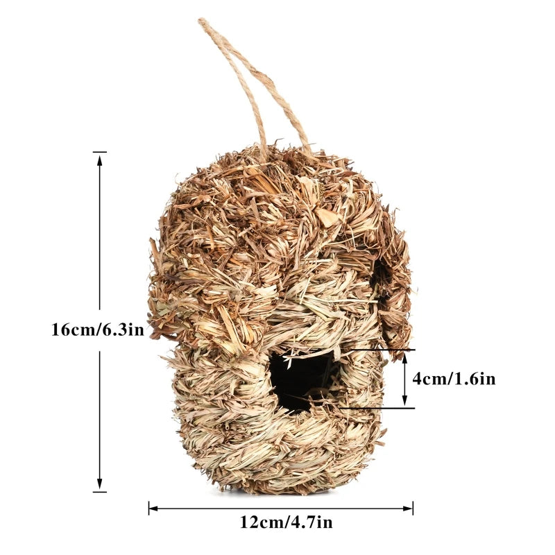 A natural grass hanging bird nest with a hole, measuring 16cm in height and 12cm in length.