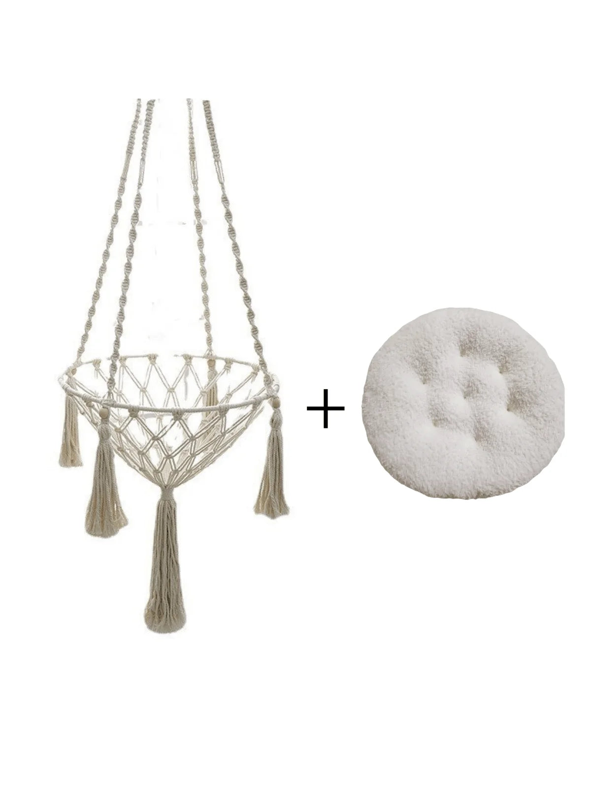 A hand-woven cotton cat hammock with a cushion is shown next to a plus sign.