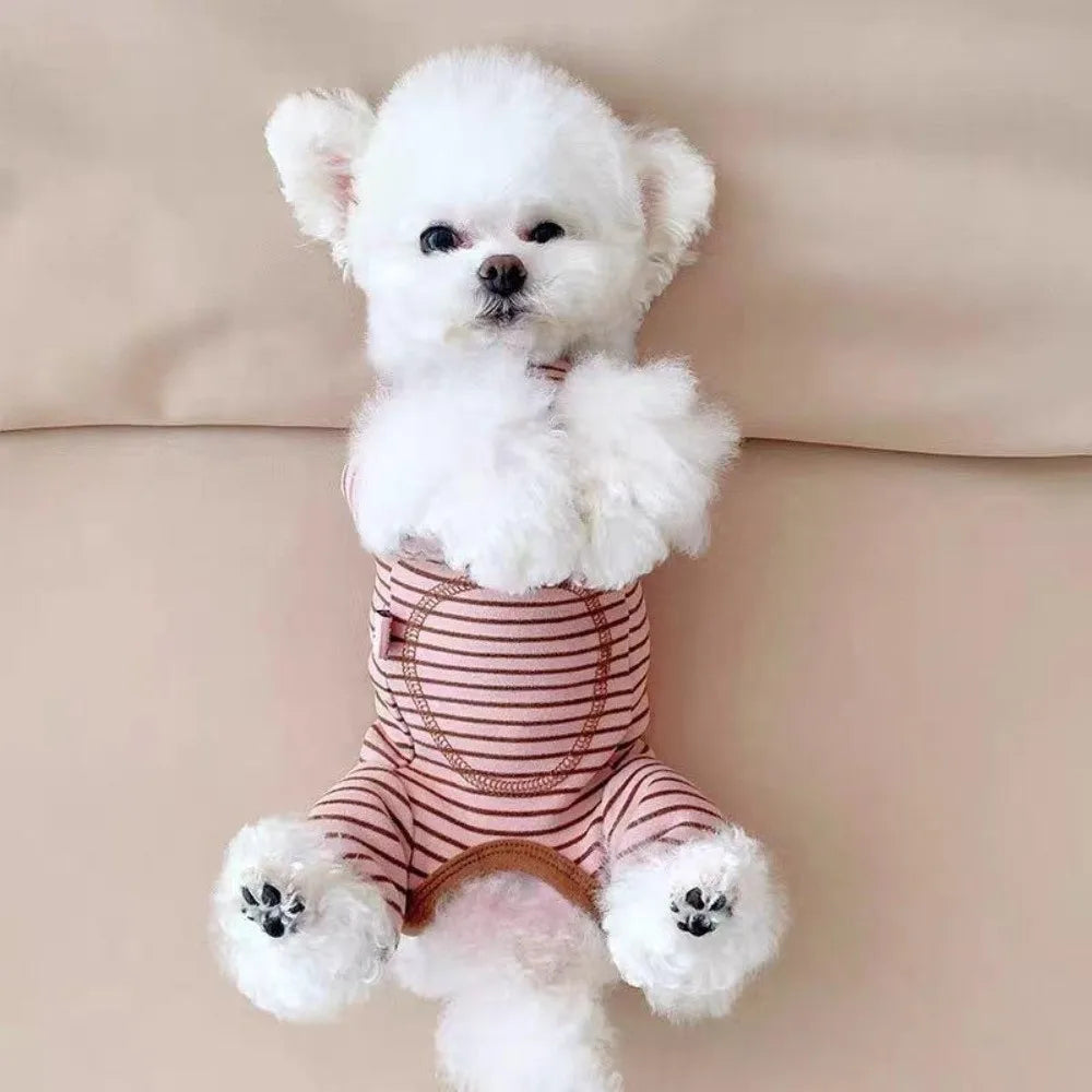 A fluffy white dog wearing cozy striped pajamas with full belly coverage.