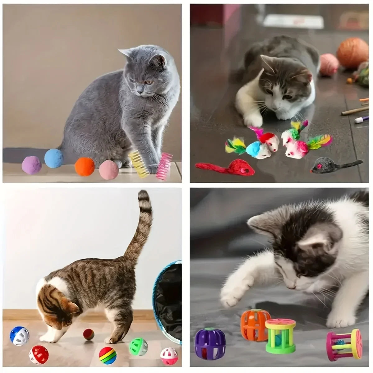 Assorted cat toys including balls, mice, and rings for feline fun