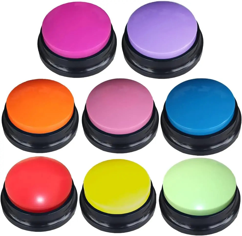 Eight colorful recordable talking buttons in various shades including pink, purple, orange, blue, red, and green.