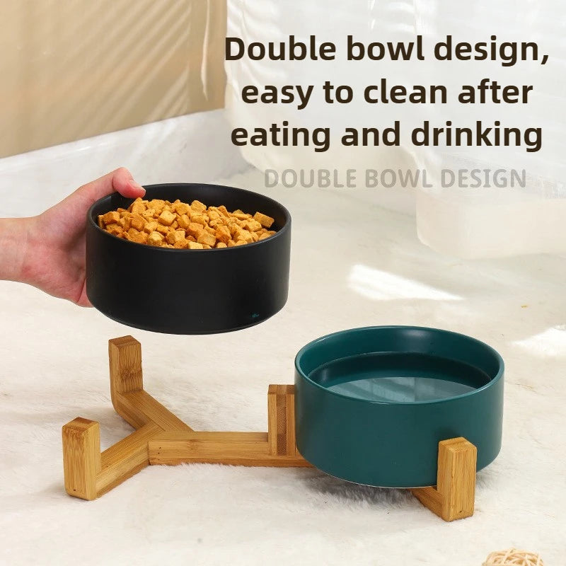 Elevated Ceramic Pet Bowl with Wooden Stand