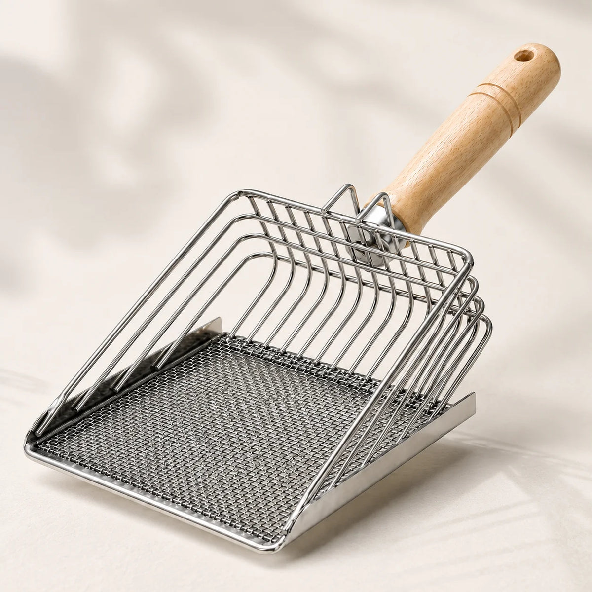 Stainless Steel Cat Litter Scoop with Wooden Handle and Fine Mesh Sifter