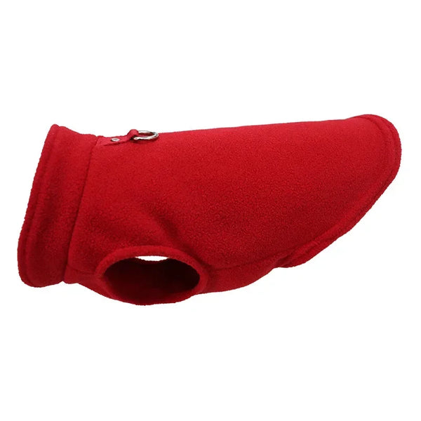 A bright red cozy fleece-lined dog jacket with a D-ring for leash attachment.