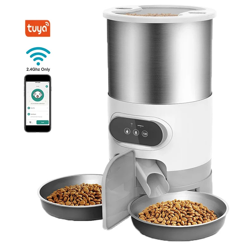 Dispensador automático inteligente para mascotas con cuenco de acero inoxidable