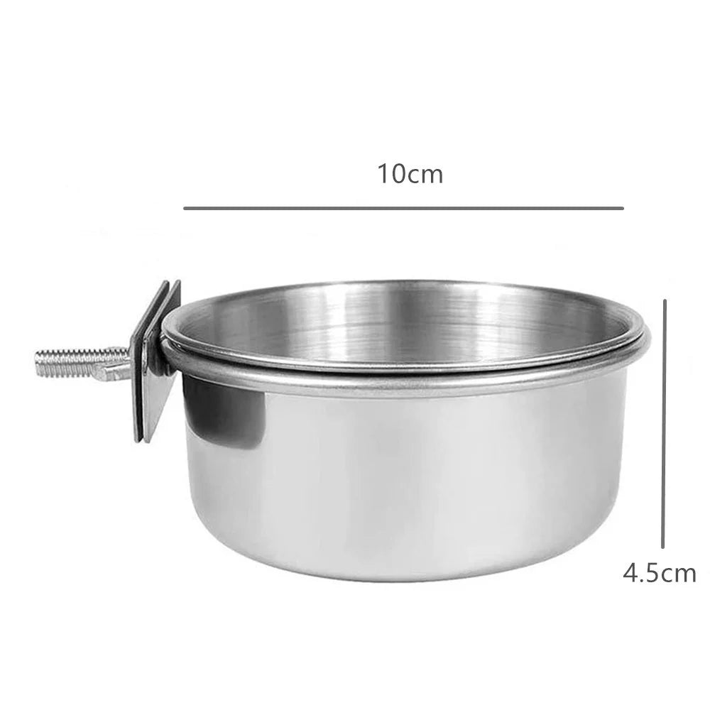 Stainless steel hanging bird bowl with a 10cm diameter and 4.5cm height.