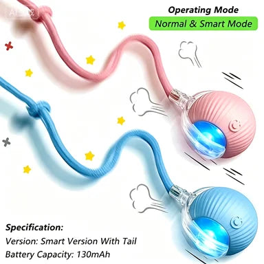 Pink and blue smart self-rolling cat ball toy with a flexible tail and light features