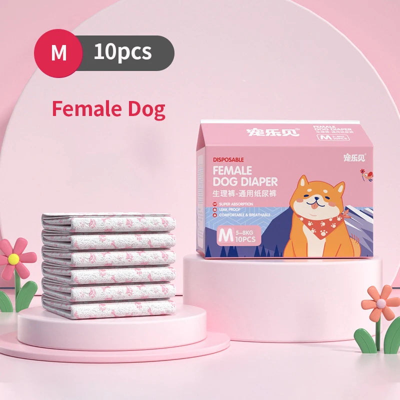 Eine Box mit 10 Einweg-Hundnäppchen neben einem Stapel Windeln auf rosa Oberfläche.