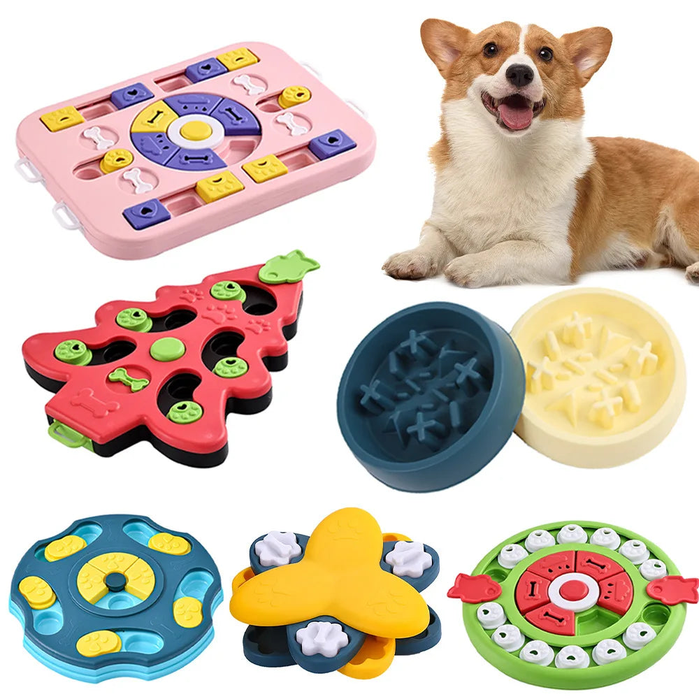 A collection of colorful interactive puzzle slow feeder bowls for dogs and cats, including silicone and plastic designs.