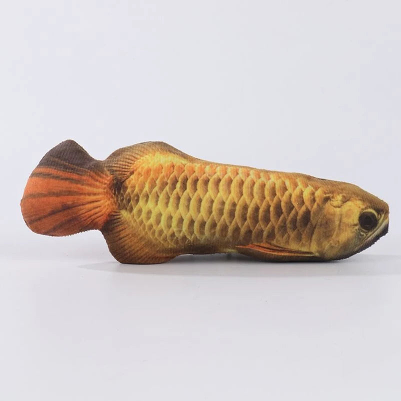 A plush fish cat toy with orange and brown stripes is shown in profile.