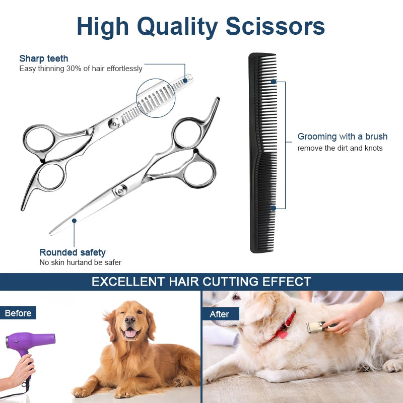 A pet is being groomed with a brush after hair cutting using a high quality scissor tool.
