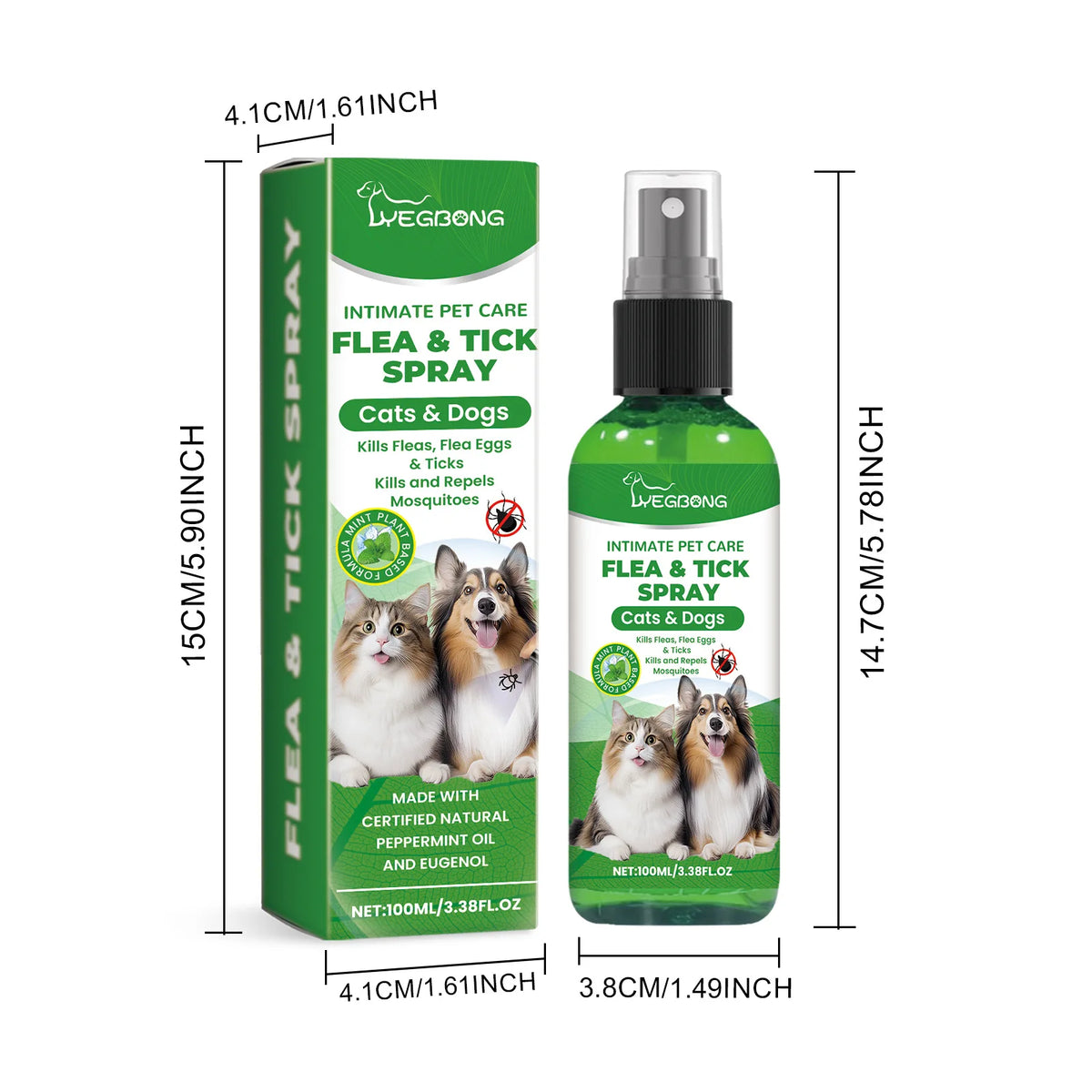 Bouteille de pulvérisation verte pour traitement antiparasitaire (puces et tiques) pour chats et chiens, avec pompe noire.