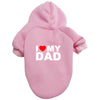 A pink plush winter hoodie with the text I love my dad printed on the chest.