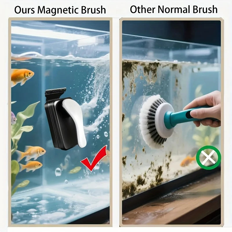Comparison of a magnetic aquarium cleaning brush and a normal brush for cleaning fish tanks.