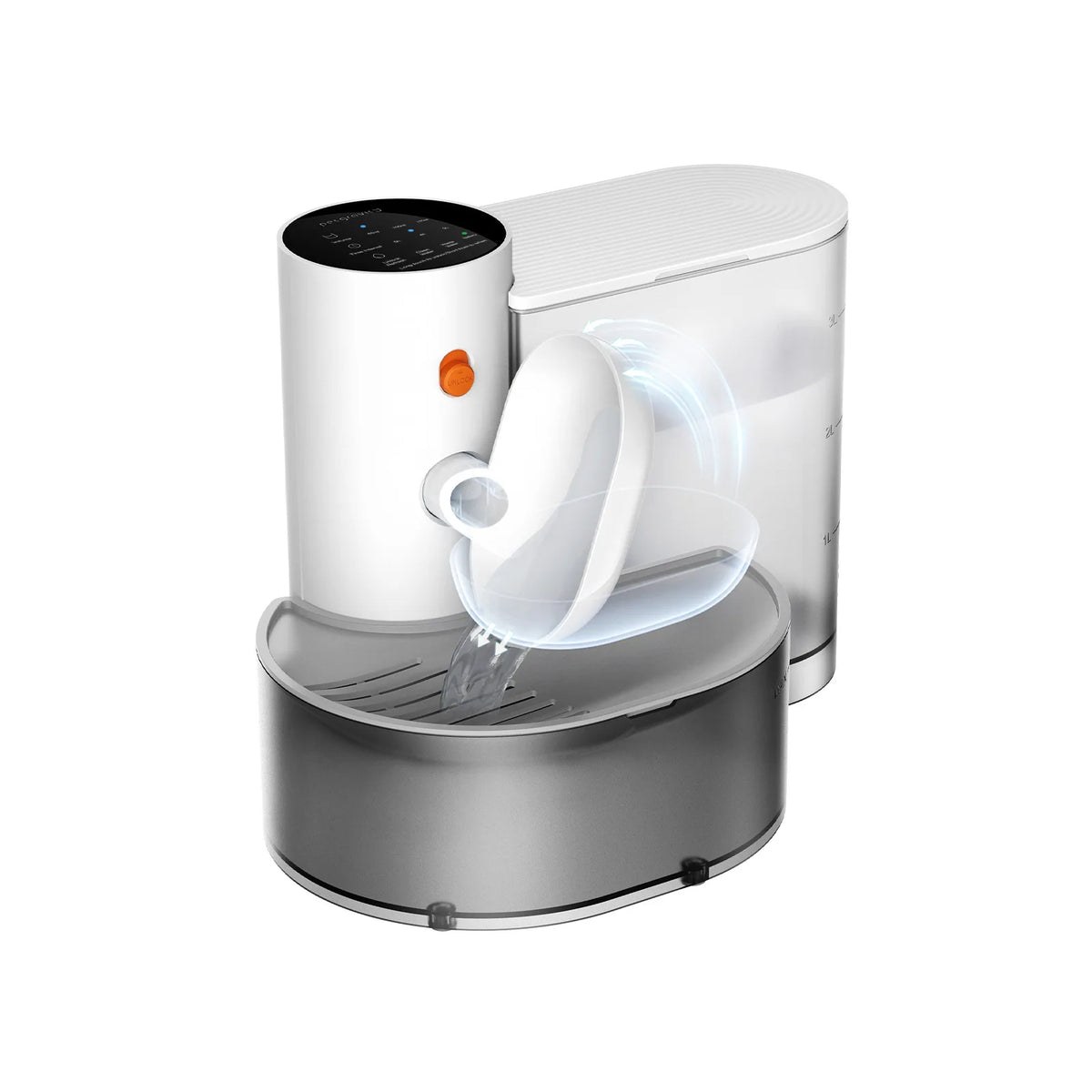 Weißer automatischer Wasserspender für Haustiere mit klarem Ausguss in silberner Basis.