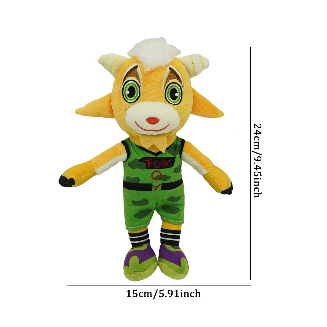 A yellow cartoon goat plush toy with large green eyes and green accents, wearing a green shirt and purple feet.