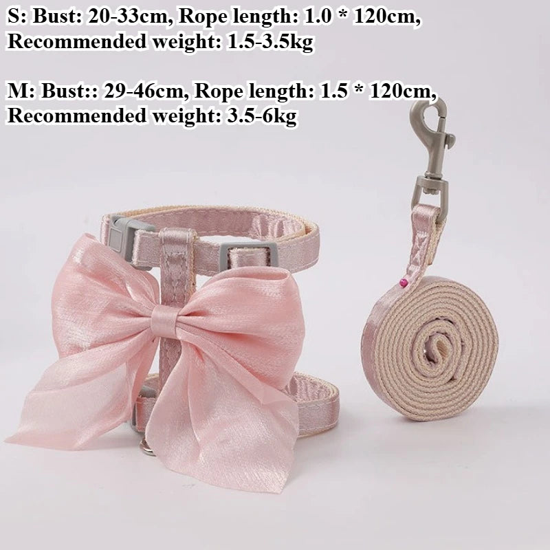 Pink adjustable bowknot harness and leash set with various sizing options