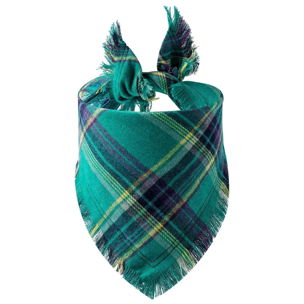 A teal and green plaid bandana with a fringed tie, suitable for dogs or cats.