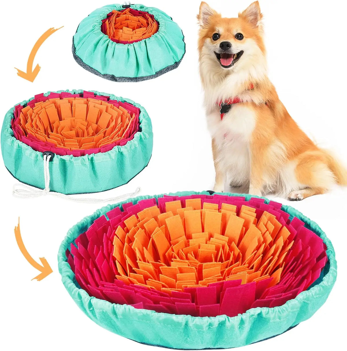 A fluffy Shiba Inu dog sitting next to a colorful fabric snuffle mat for dogs.