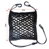 Black car dog barrier with automatic safety mesh storage bag featuring a handle and cord.