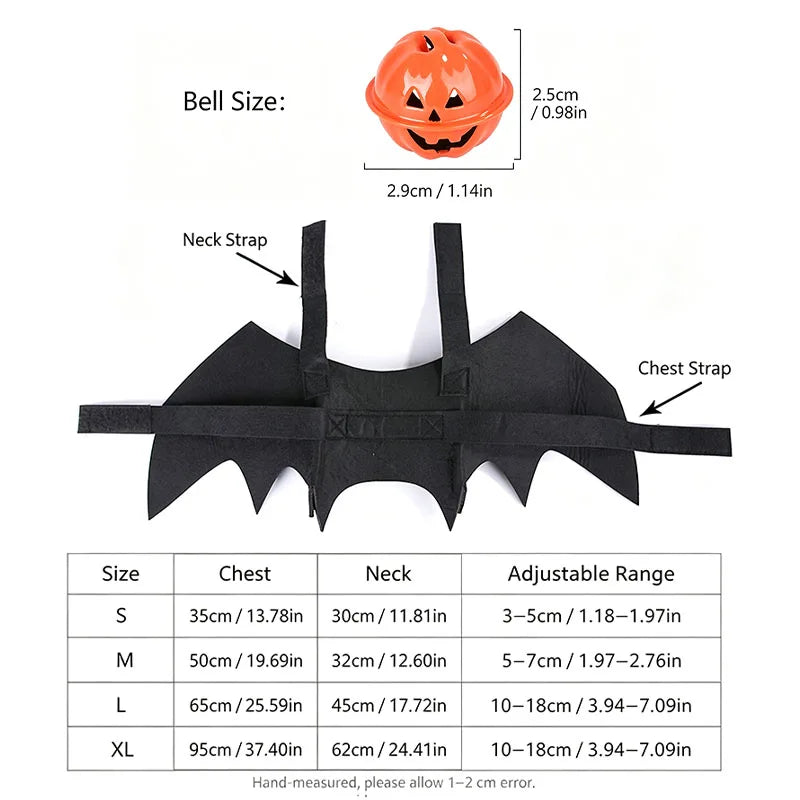 Black Halloween bat wings with a pumpkin bell for pets, available in sizes S to XL.