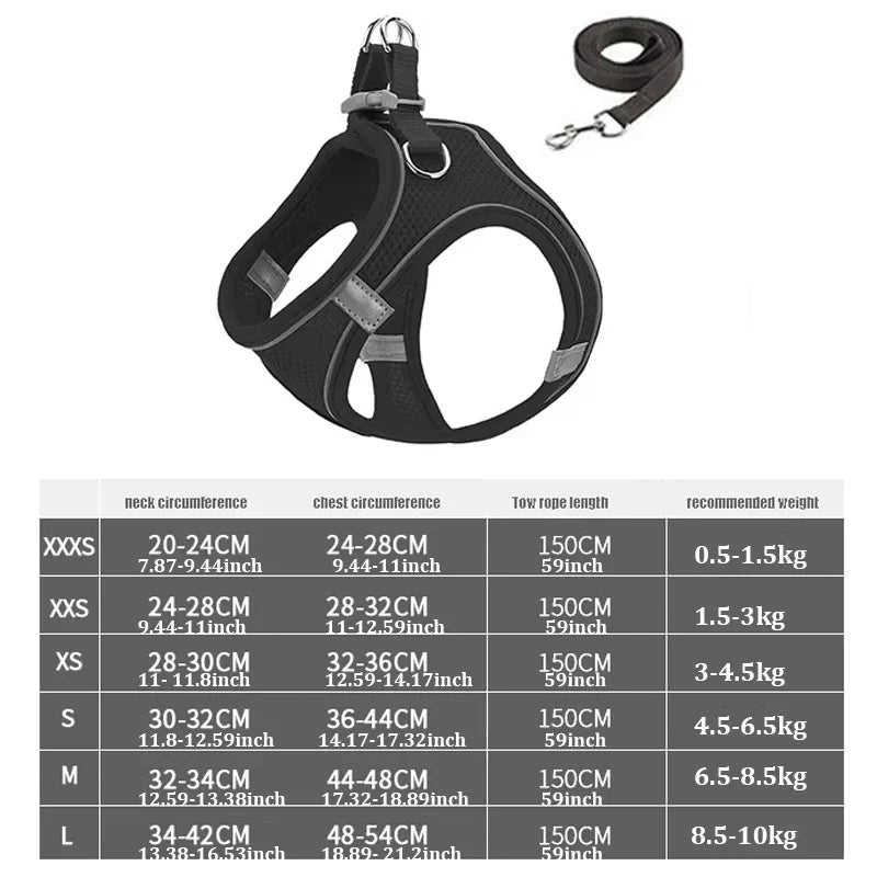 Black reflective no-pull dog harness and matching leash with various size options listed below.