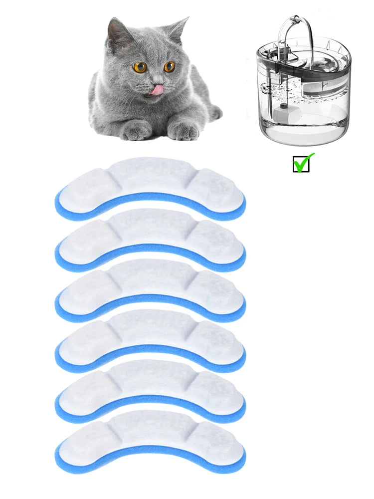 A set of four white and blue activated carbon replacement filters for pet water fountains.