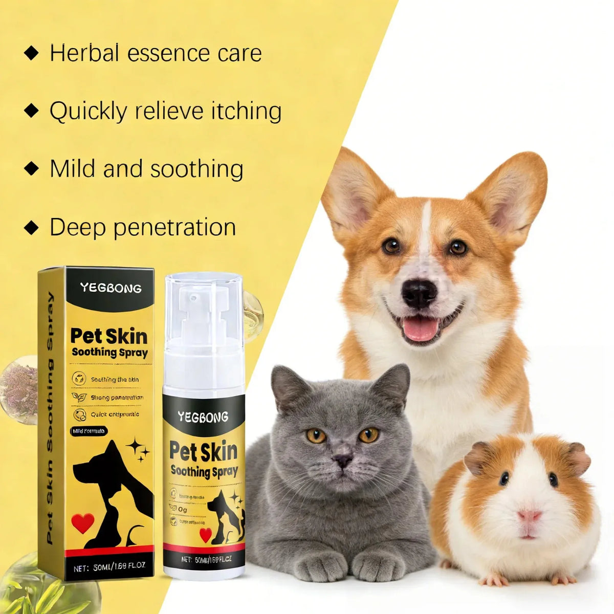 A bottle of Yegbong Pet Skin Soothing Spray next to a dog and a cat.
