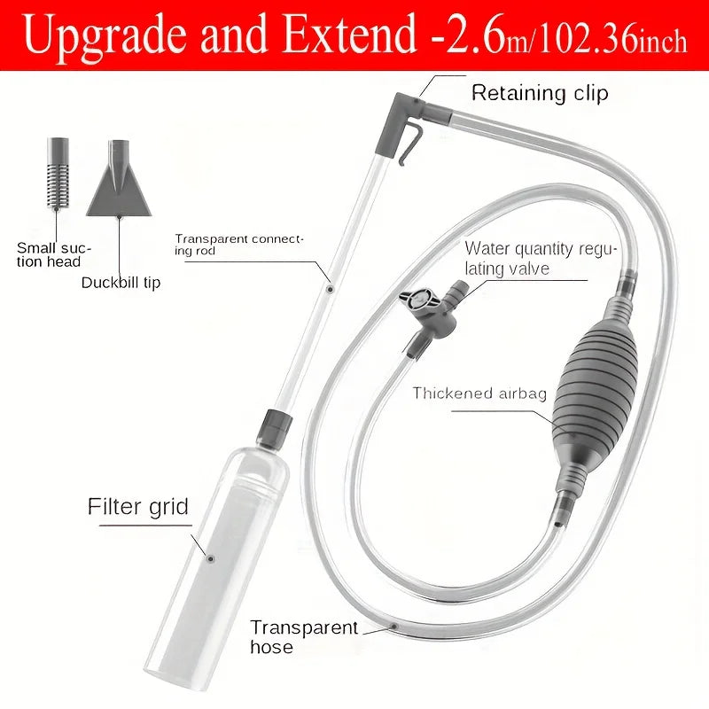 Tube en silicone transparent pour nettoyer le gravier d'un aquarium, avec clips de maintien et grille de filtre.