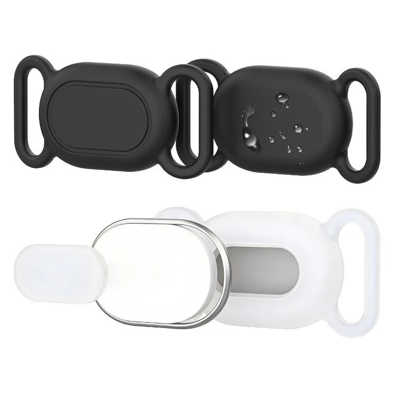Black silicone protective case for a pet tracker with a collar mount.
