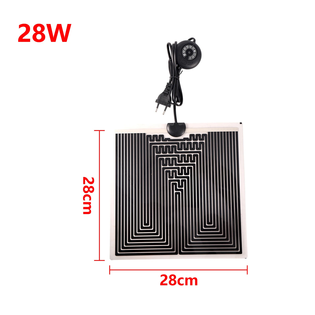 A black reptile heat mat with a thermostat and power cord, shown next to its dimensions.
