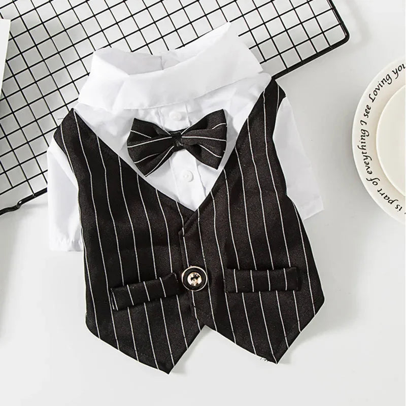 A black and white striped tuxedo shirt and vest outfit for pets, laid on a grid background.