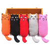 Five plush cat toys shaped like cats in various colors including orange black red gray and pink