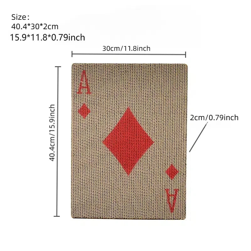 A square beige vertical cat scratcher featuring red diamond and triangle shapes.