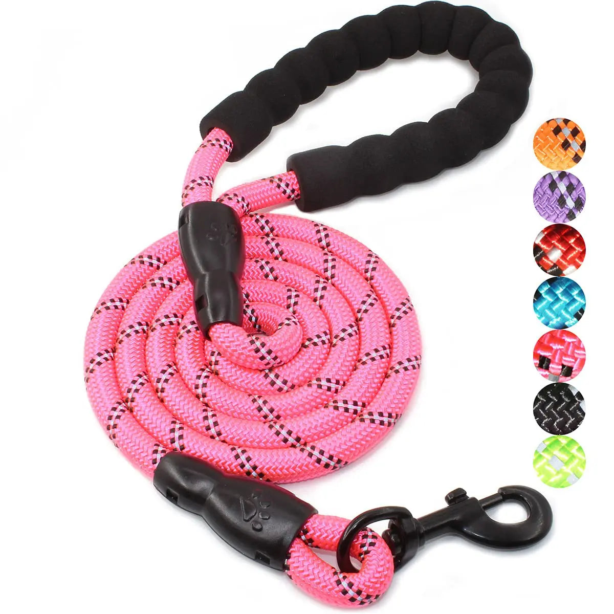 Pink reflective nylon dog leash with a soft handle and various patterned reflective tags