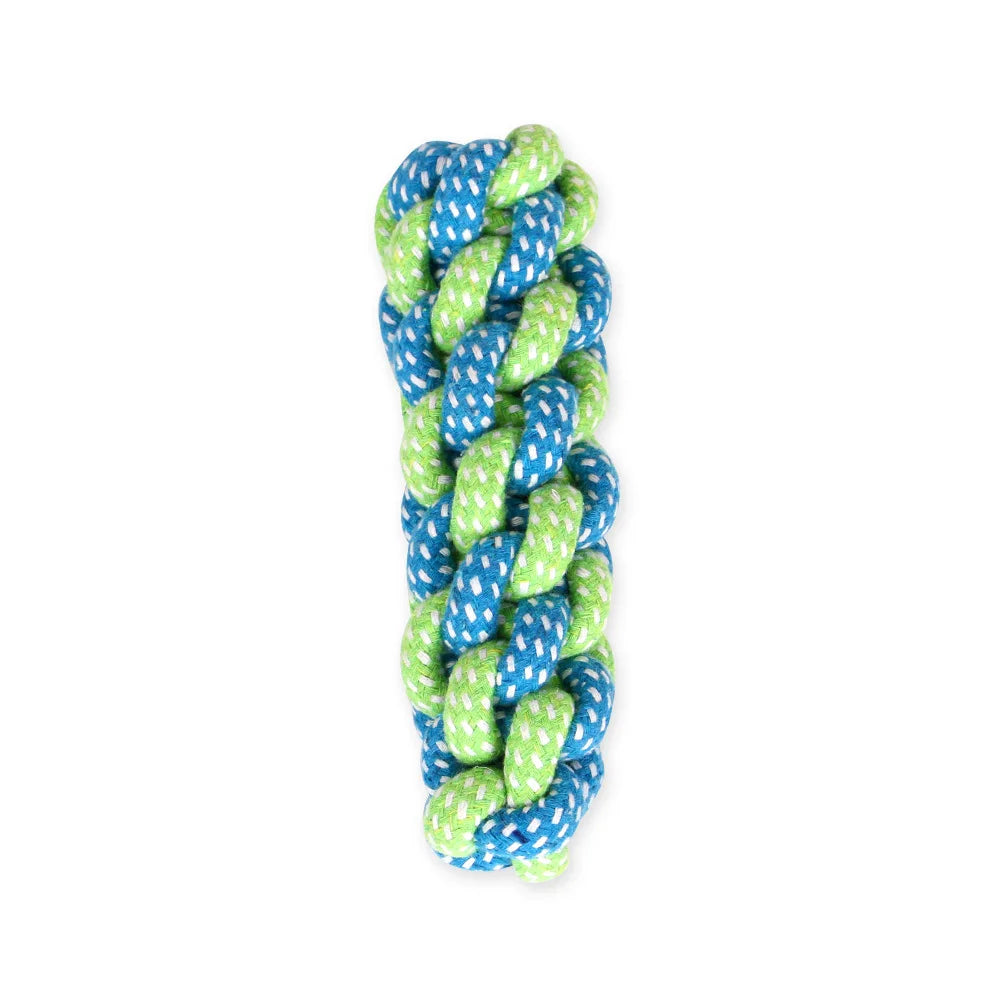 A thick, braided rope toy for dogs, featuring alternating shades of green and blue.