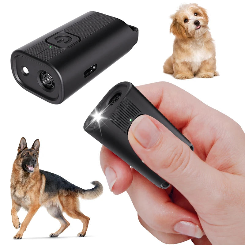 A black portable ultrasonic dog bark deterrent device and a golden puppy are shown.