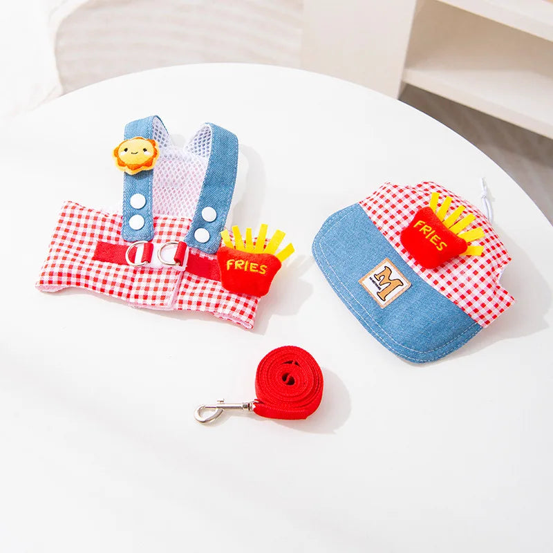 Denim Dog Harness and Leash Set with Matching Hat