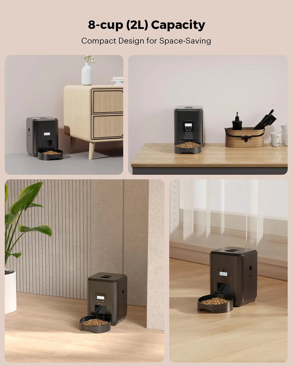A compact, black smart automatic pet feeder with a portion control design is shown on a wooden surface and next to a cabinet.