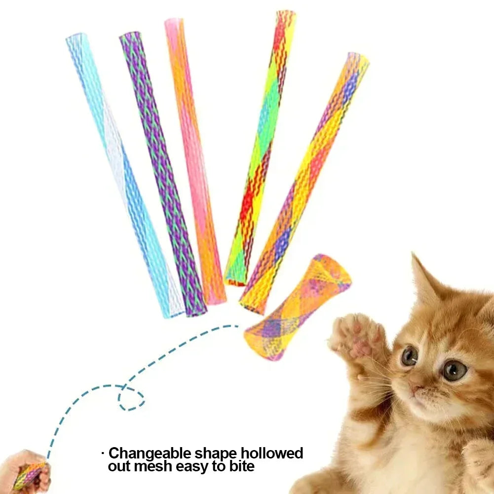 A set of colorful, changeable shape hollowed out mesh springs for an interactive cat toy.