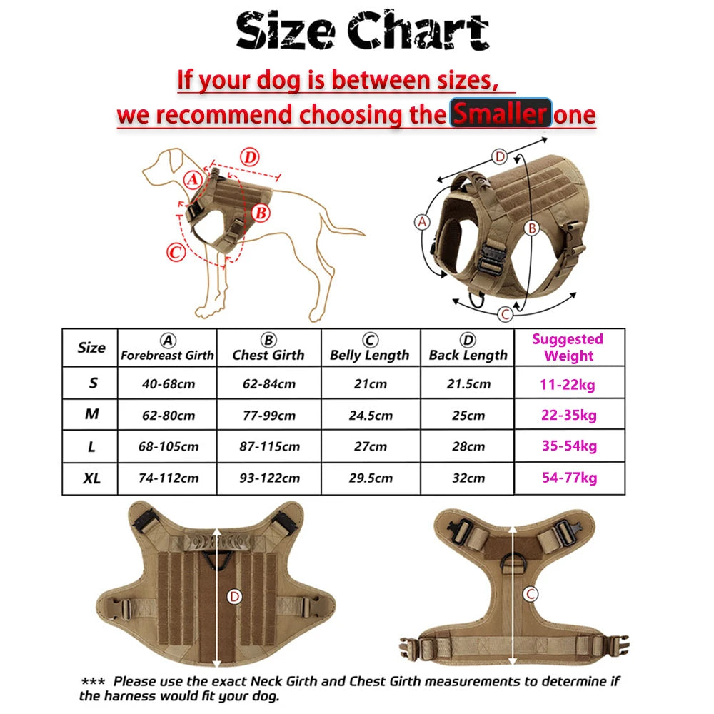 Size chart for a tactical dog harness showing measurements for small to extra-large sizes.