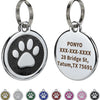 A set of personalized silver pet ID tags featuring paw prints and names for identification.