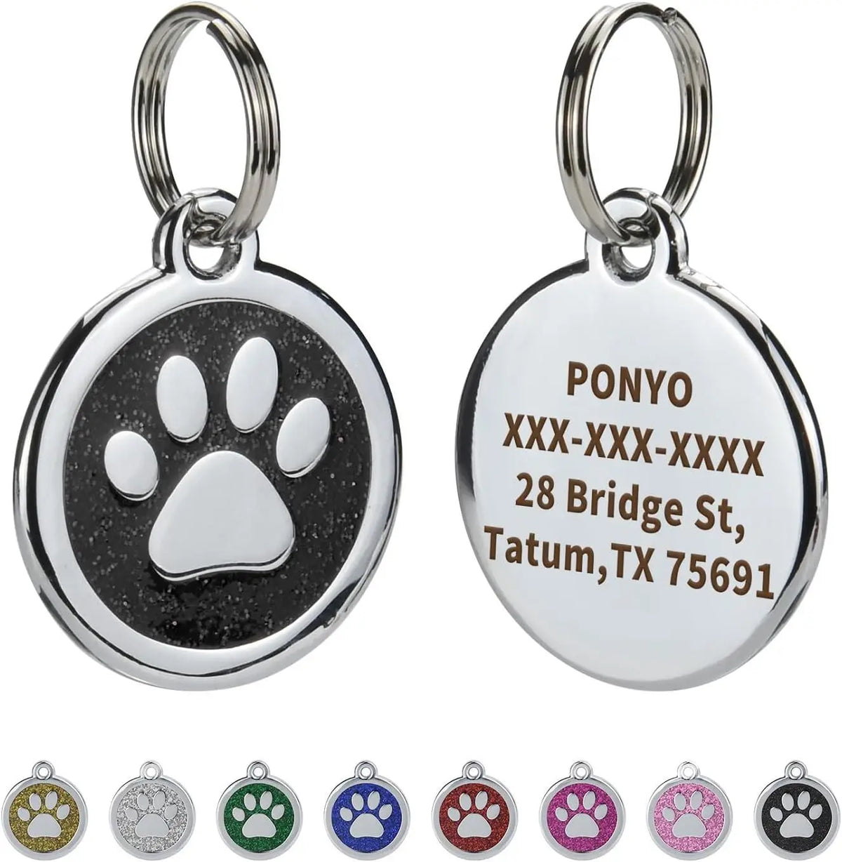 A set of personalized silver pet ID tags featuring paw prints and names for identification.
