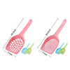 A set of pink and green durable cat litter scoops with sifting slots shown against a white background.