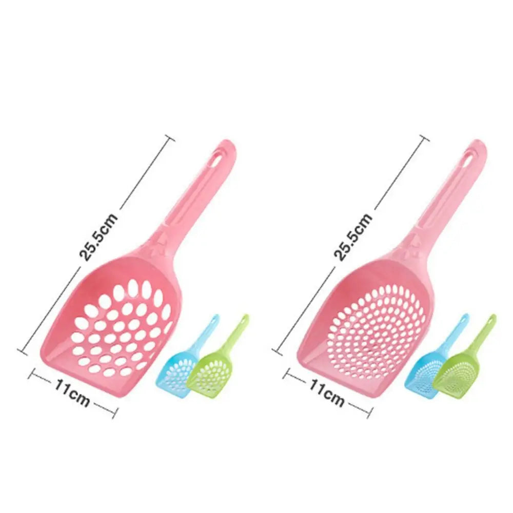 A set of pink and green durable cat litter scoops with sifting slots shown against a white background.